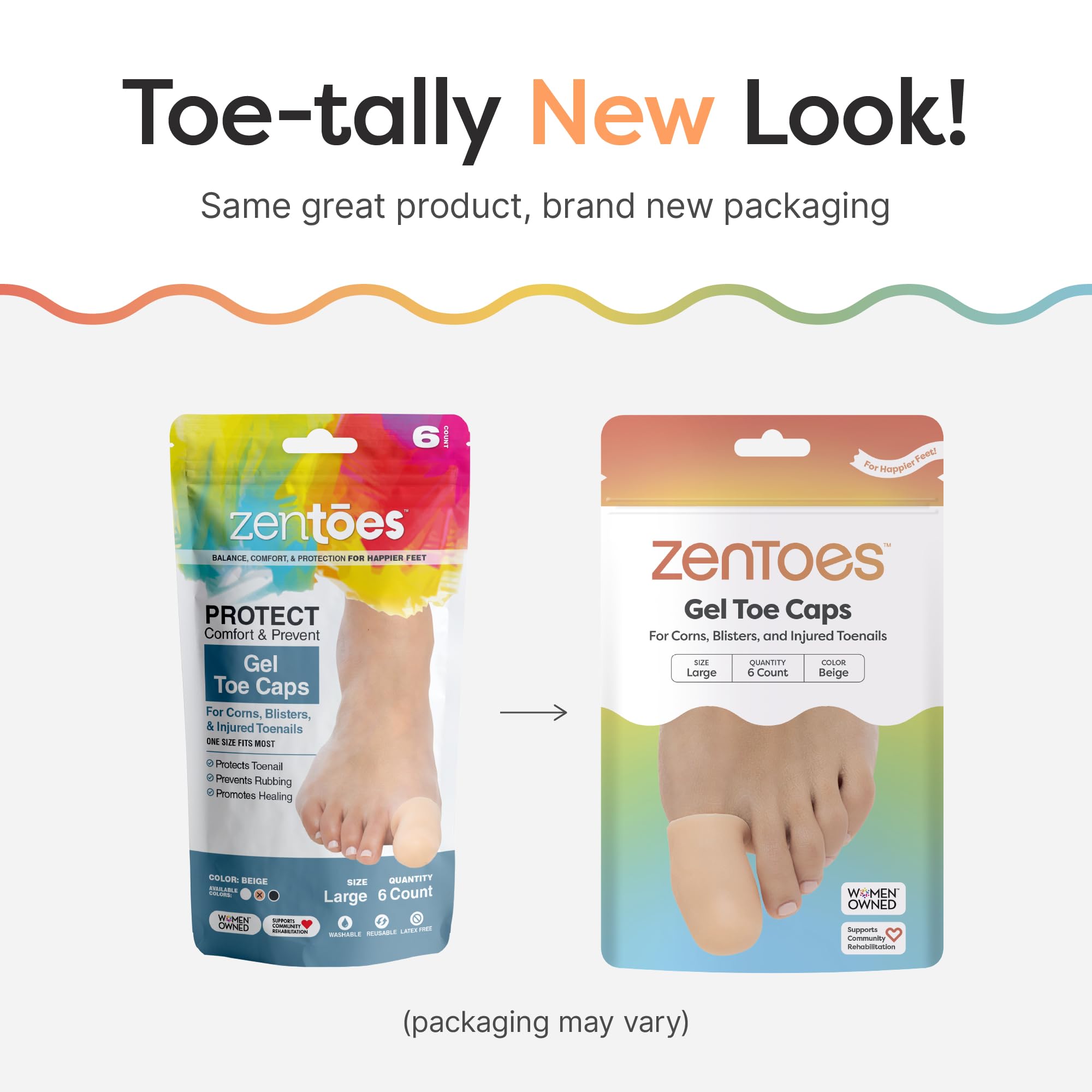 ZenToes 6 Pack Gel Toe Cap and Protector - Cushions and Protects to Provide Relief from Missing or Ingrown Toenails, Corns, Blisters, Hammer Toes (Large, Beige)