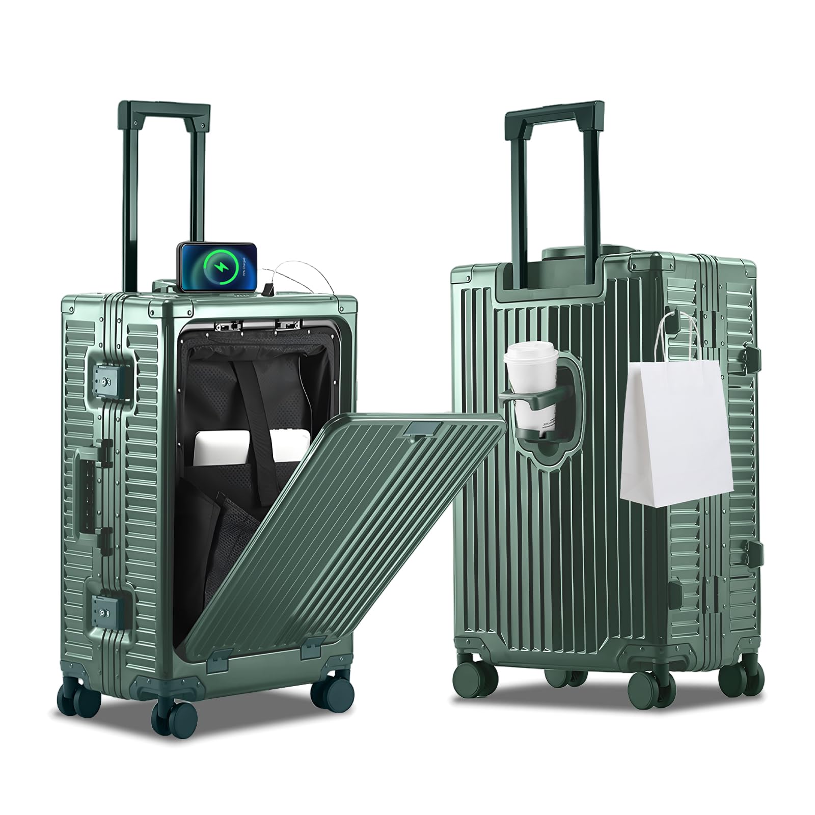 Photo 1 of YYW All Aluminium Luggage With Spinner Wheels Lightweight PC hardside Rolling Suitcase, Built-In TSA lock Carry on Suitcase, with Cup Holder, USB Port, Phone Holder (Dark green,24inch/39x25x65cm)
