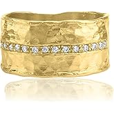 Jean Rachel Jewelry 14K Gold Plated Sterling Silver Ring with 0.13 TCW Cubic Zirconia - Vintage Design Half Eternity Band Hammered Statement Rings for Women - Hypoallergenic,Lead & Nickel Free Jewelry