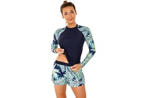 OBEEII Women Long Sleeve Swimsuits Two Piece Rash Ruard UV UPF 50+ Swim Shirt with Boyshort Bottom Bathing Suit
