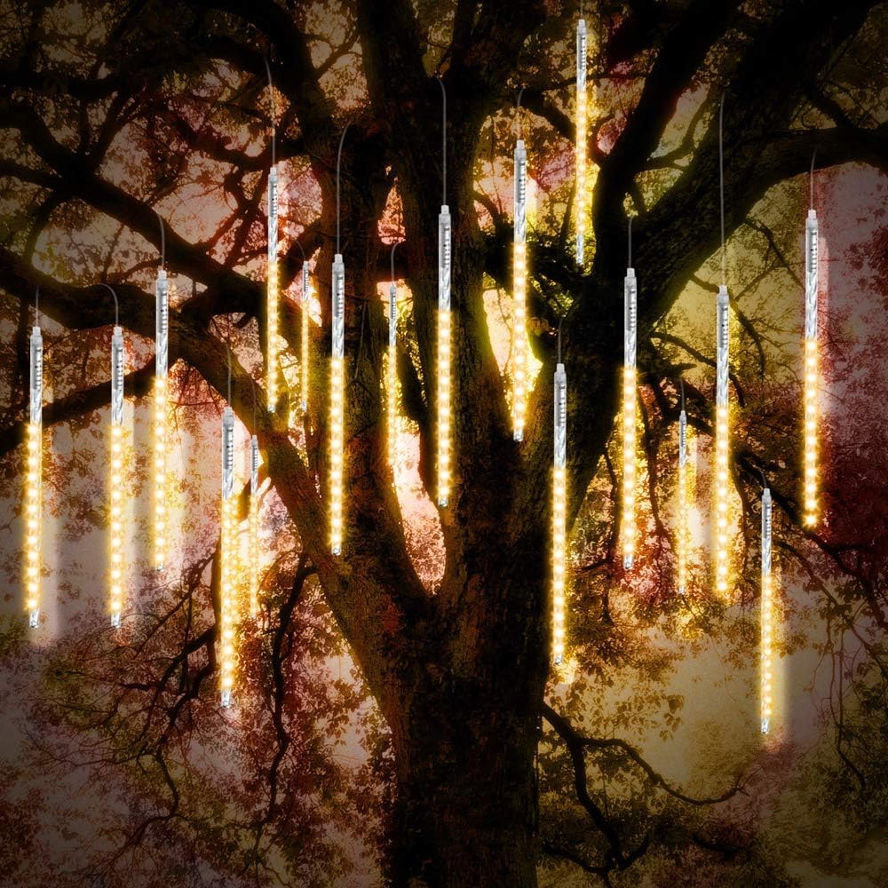 Vikdio Christmas Lights Outdoor, Meteor Shower Lights 30cm 10 Spiral Tubes 300 LEDs 3.15m Lit Length, Waterproof Snowfall Icicle Lights for Outdoor Xmas Decoration Party Tree Window (WarmWhite)