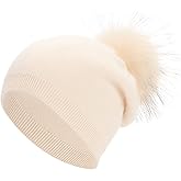 Women's Real Fur Pom Pom Cashmere Wool Blend Winter Slouchy Knit Beanie Hat with Real Pom Pom Beanie Hat