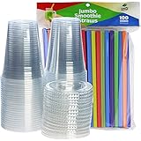 [100 Sets - 16 oz.] Plastic Cups With Flat Lids & Straws = 100 Clear Cups, 100 Flat Lids, 100 Jumbo Smoothie Straws