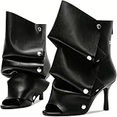 YXAXUG 3.1" Women's Open Toe Stiletto Fold-Over Ankle Booties w/ Snap Panel | 2-Way Style Peep Toe Booties Matte PU Leather Silver Buttons Slouch Boots with Back Zipper for Rave Party Night Out