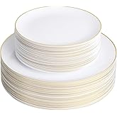 Bestluck 100PCS White Plastic Plates with Gold Rim, White Gold Disposable Plates for Party, Wedding, Include 50 Dinner Plates, 50 Dessert Plates for 50 Guests