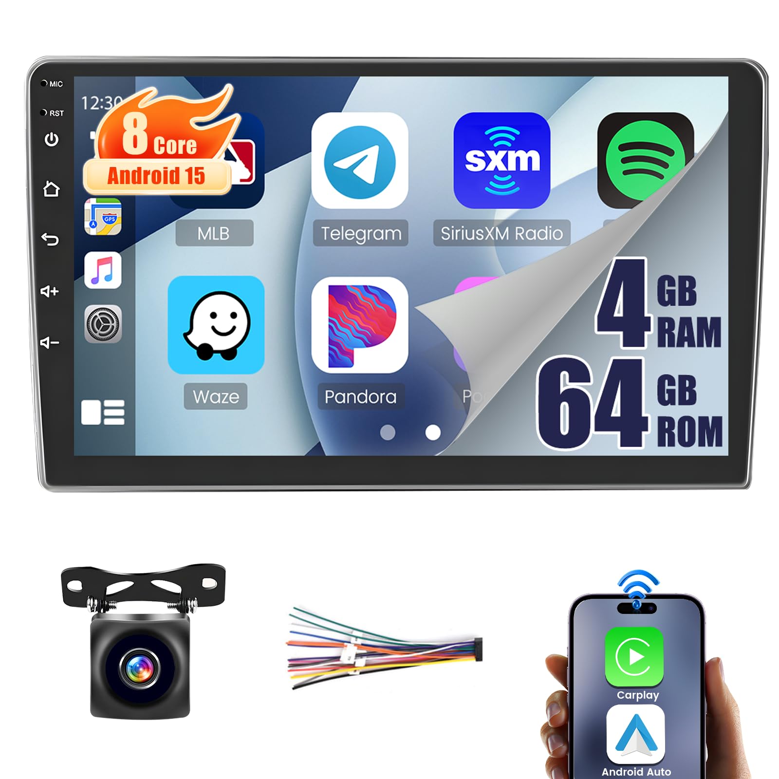 Photo 1 of 8 Core 4G+64G Hikity Double Din Android 15 Car Stereo with Wireless Carplay Android Auto, Hikity 9 Inch IPS Touch Screen Radio 5.0 32EQ DSP 5G WiFi GPS Navi Bluetooth SWC FM RDS Backup Camera Mic