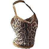 MakeMeChic Women's Sequin Cheetah Halter Tops Lace Trim Open Back Sleeveless Y2K Crop Tank Top