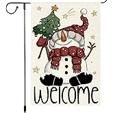 Welcome Christmas Garden Flag 12x18 Inch Double Sided Burlap Winter Snowman Holiday Yard Flag Outdoor Seasonal House Decor for Porch Lawn Garden Cute Small Xmas Decoration