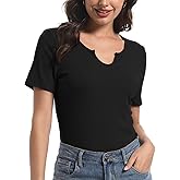 Women Tops V Neck Shirts Short Sleeve Casual Ribbed Slim Fitted T Shirts for Summer