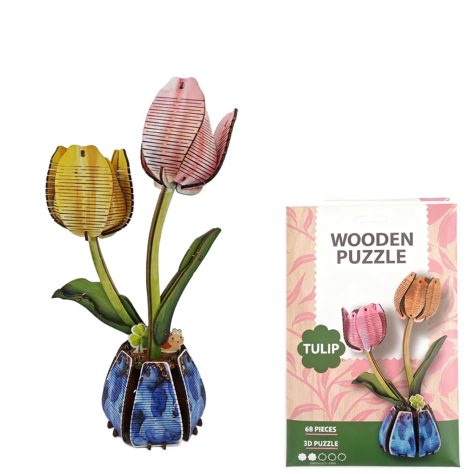 3D Wooden Flower Puzzle, DIY Craft Building Blocks for Adults, Valentine's (Tulip)