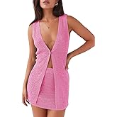 Tankaneo Womens 2 Piece Vacation Sets Sleeveless V Neck Long Vest Knit Top and Mini Skirt Summer Beach Outfits