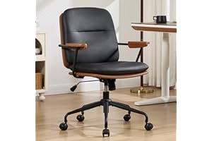 Mid Century Modern Home Office Desk Chair, Ergonomic Computer Chair with Wood Armrests and Backrest, Adjustable Height Rollin