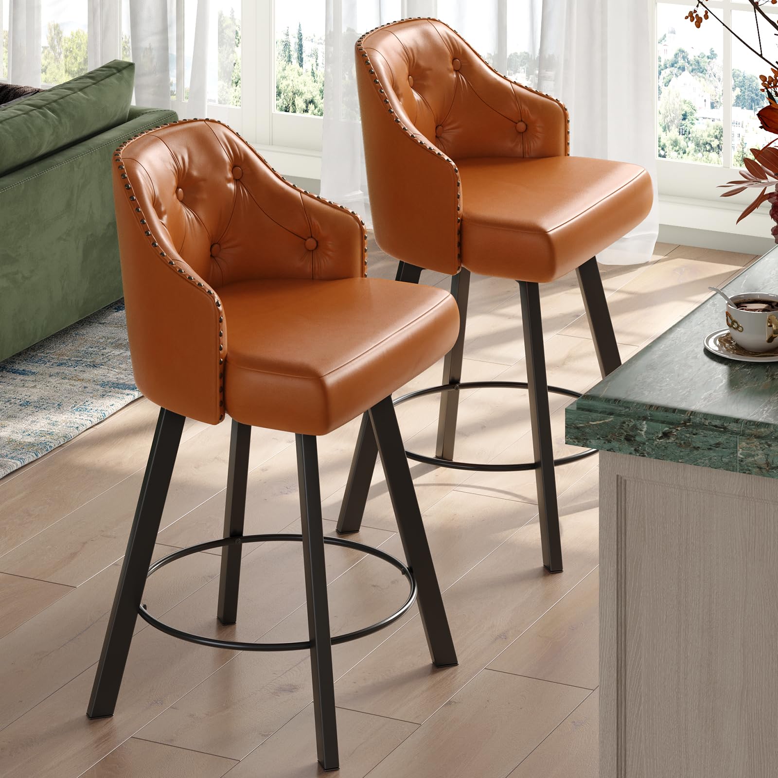 Photo 1 of **MISSING PIECES UNKNOWN**Tatub 26“ Brown Swivel Bar Stools Set of 2, Counter Height Bar Stools with Back, Upholstered Faux Leather Kitchen Barstools Counter Height for Kitchen Island
