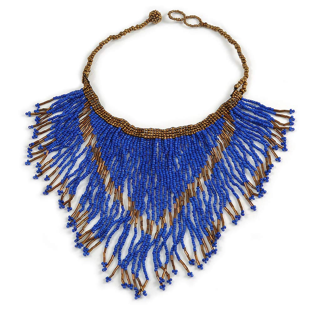 Avalaya Glass Bead Bib Style/Fringe Necklace In Blue/Bronze/40cm L/ 17cm Front Drop