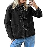 PLNOTME Womens Jean Jacket Tie Front Denim Shacket Tops Fall Fashion Long Sleeve Shirts Coat with Pockets