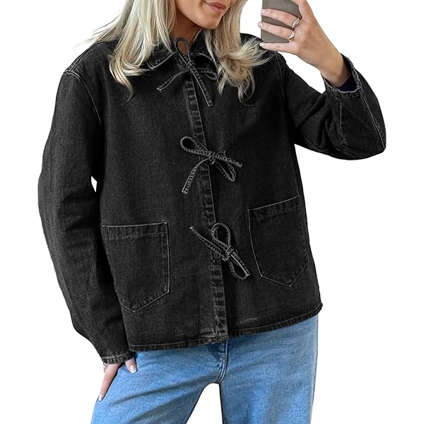 Amazon.com: VOIKERDR Denim Jacket for Women Tie Front Jean