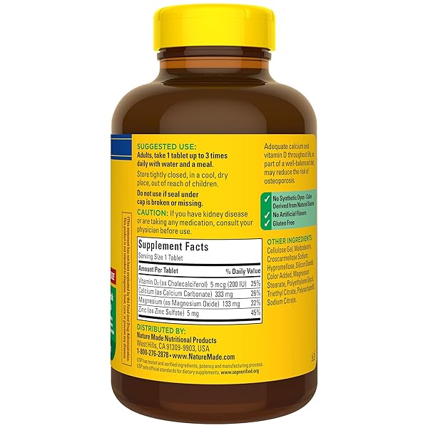 NATURE MADE CALCIUM MAGNESIUM ZINC WITH VITAMIN D3, DIETARY CALCIUM SUPPLEMENT FOR BONE SUPPORT, 300 TABLETS