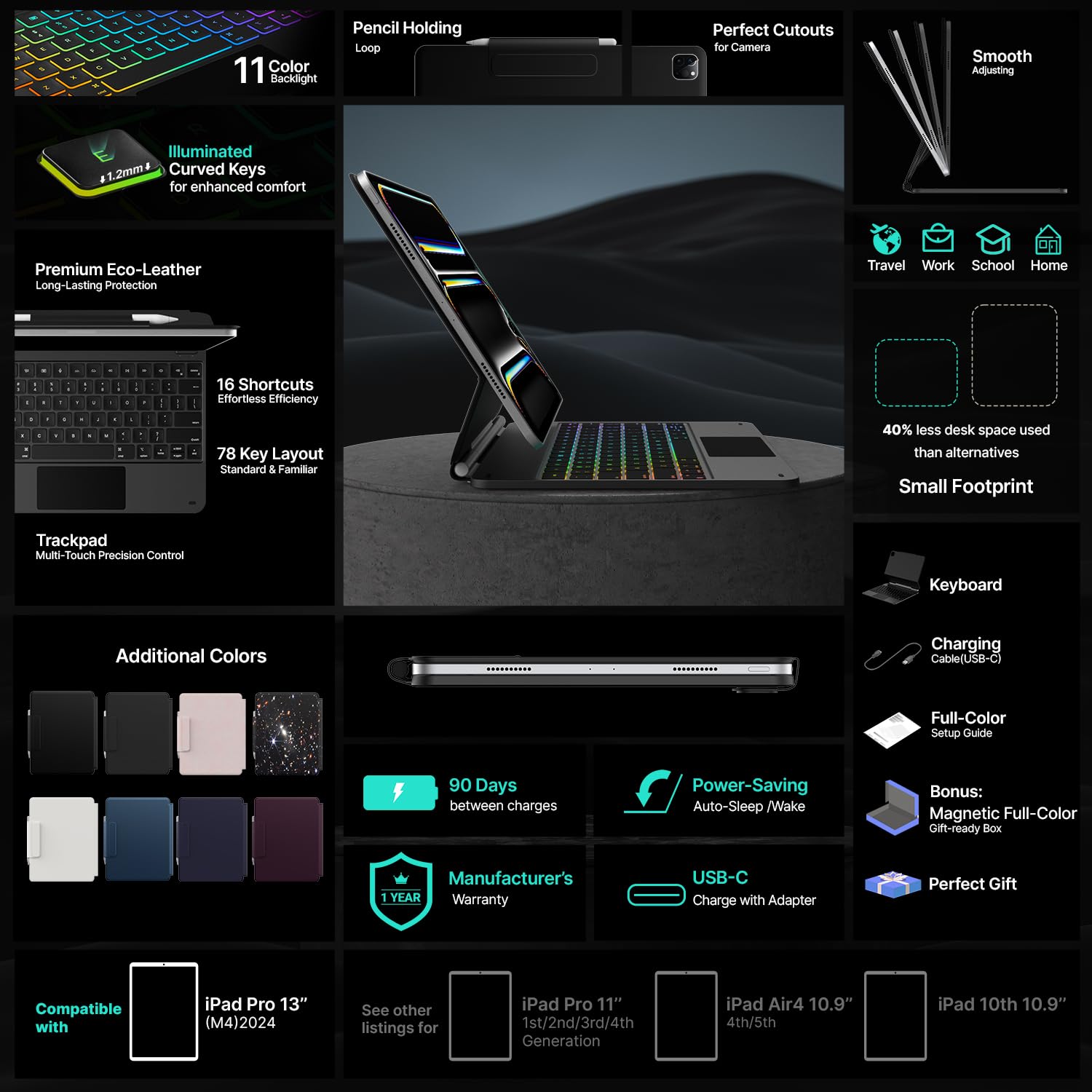 typecase Keyboard Case for iPad Pro 13-inch (M5 2025 / M4 2024), Magic Keyboard with 11 Colors Backlight, Keyboard Case with Pencil Holder, Multi-Touch Trackpad,Easy-Set Magnetic Stand, Black