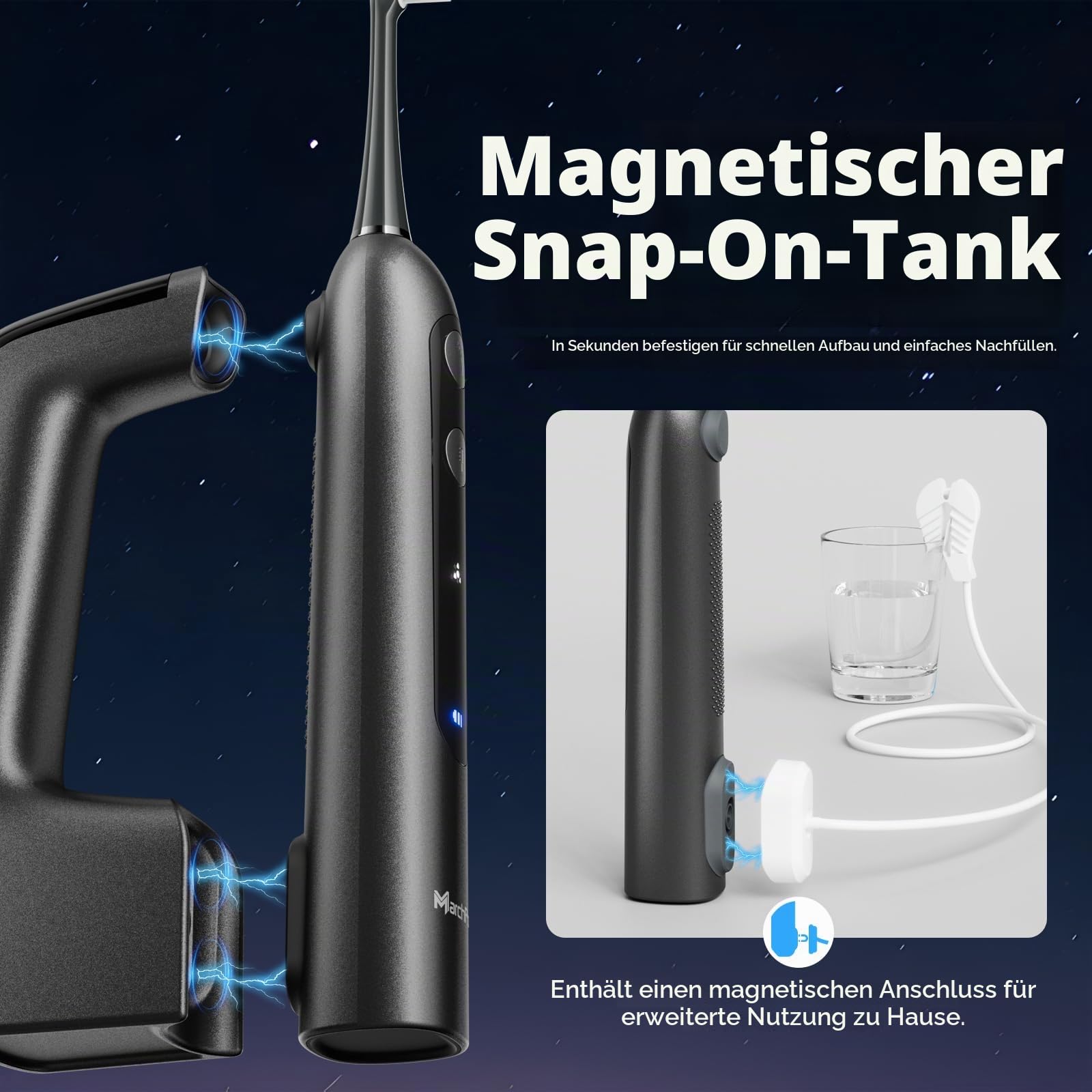 Marchpower 3-in-1 Elektrische Zahnbürste mit Munddusche, Oszillation, Vibration & Wasserflosser, 3+4 Modi, Profi-Schallzahnbürste mit 155ml Magnet-Wassertank, IPX7 Kombigerät 2 Bürstenköpfe, Spacegrau 6