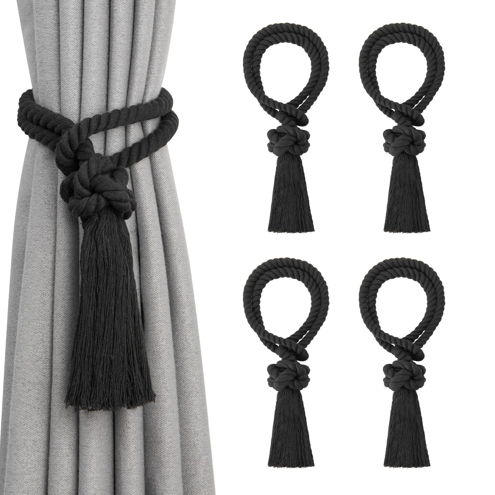 Pretty Jolly 4 Pack Natural Cotton Rope Tassel Curtain Tiebacks Boho Home Decor Drape Tie Backs Hand Woven Ball Curtain Holdbacks for Thin & Thick Home & Office Window Draperies (Black)