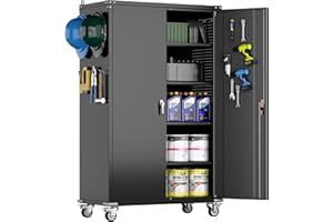 SUXXAN 2025 Upgraded Wide & Deep Garage Storage Cabinet with Wheels, Lockable Metal Storage Cabinet with Pegboards and 9 Hooks, 2 Tool Pouches for Garage,4 Adjustable Shelves (Black,43''W x 22''D x 72''H)