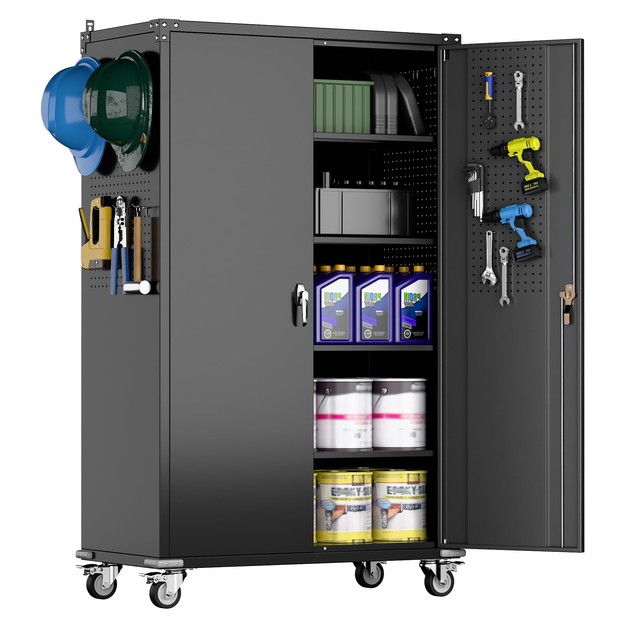 Photo 1 of 2025 Upgraded Wide & Deep Garage Storage Cabinet with Wheels, Lockable Metal Storage Cabinet with Pegboards and 9 Hooks, 2 Tool Pouches for Garage,4 Adjustable Shelves (Black,43''W x 22''D x 72''H)