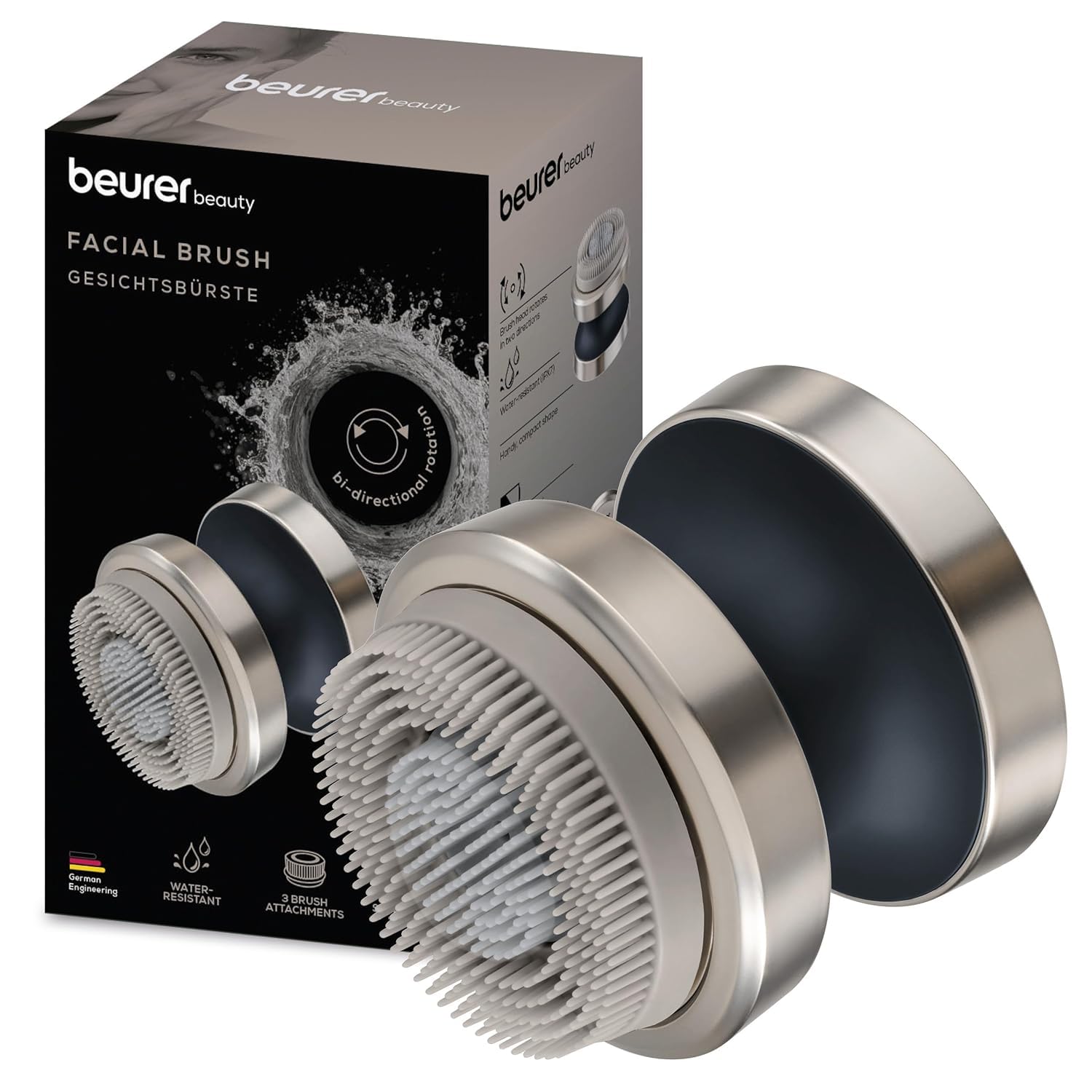Beurer FC 59 Dual elektrische Gesichtsbürste für porentiefe Reinigung, 3 Aufsätze (Silikon, Sensitiv, Exfoliation), 2 Intensitätsstufen, wasserfest, mit Akku, Gesichtspflege-Gerät für alle Hauttypen