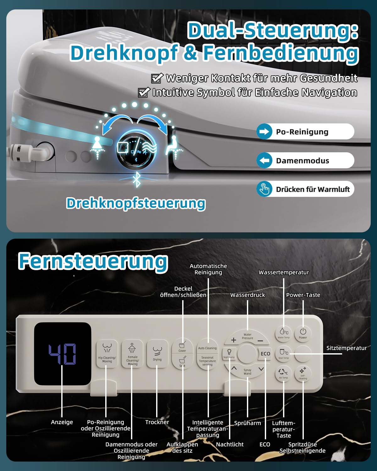 Smart WC-sitze mit Bidet Funktion, Bidet Toilettensitz mit Düse, Japanische Toilette Sitz Beheizbare Klobrille, Dusch WC mit Warmwasser und Trockner, Toilette mit Automatikdeckel und Aromafunktion 6