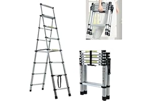 DICN Aluminum Telescoping Ladder Extension Ladder Portable Steps Ladder 6+7 Steps Compact Aluminium Herringbone Ladder, 330lbs Capacity, for Household, RV, Outdoor
