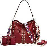 Roomy Hobo Tote Bag for Women, Studded Shoulder Handbag, 2-Piece Set with wallet, Crossbody Purse with Wide Boho Guitar Strap