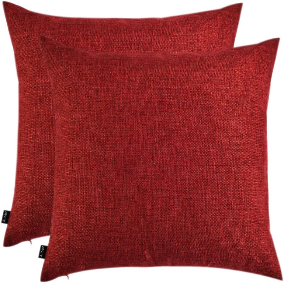 Artcest Set of 2, Decorative Linen Bed Throw Pillow Case, Sofa Durable Modern Stylish, Comfortable Cushion Cover for Couch, 14"x14" (Burgundy)