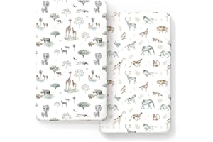 GRSSDER Stretch Ultra Soft Jersey Knit Fitted Crib Sheets Set 2 Pack，Fit All Standard Crib Mattress Pads Safe and Snug, Crib Fitted Sheet for Baby, Stylish African Savannah Animals Pattern