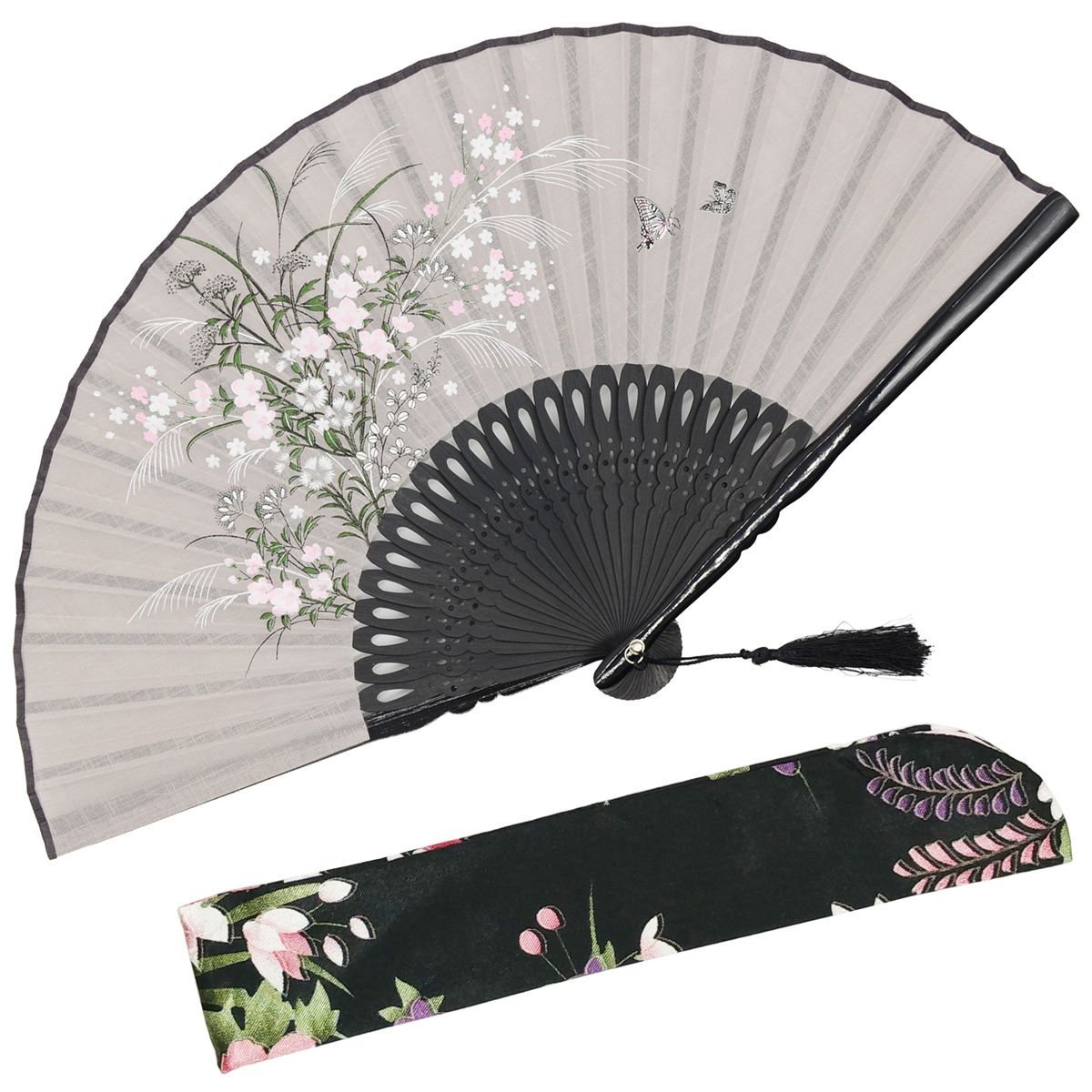 OMyTea "Grassflower Folding Hand Held Fan for Women - Chinese/Japanese Vintage Retro Style - With a Fabric Sleeve for Protection (Grey)