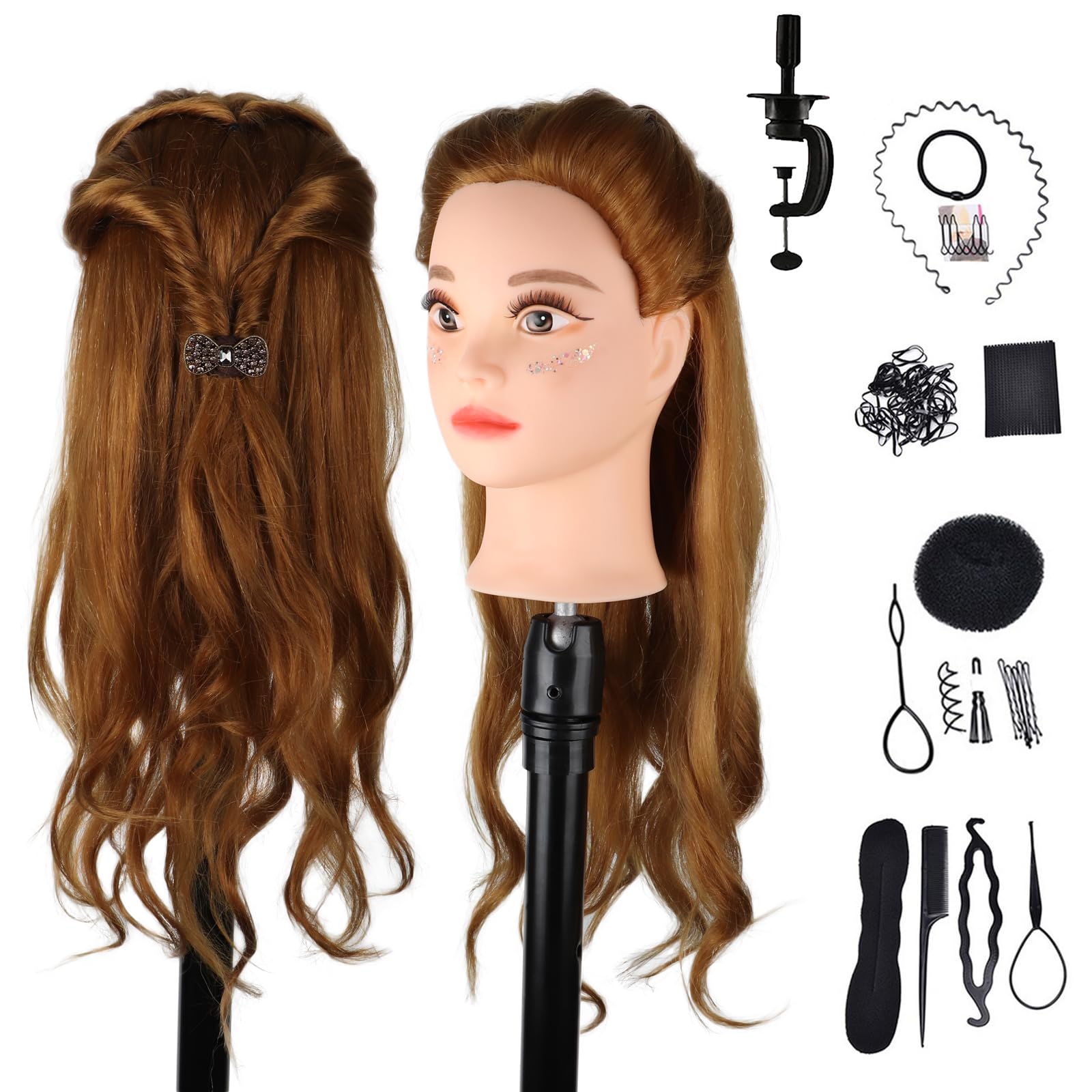 DaizySight Hair Styling Training Head with 60% Real Human Hair, 60 cm Dark Brown Cosmetology Mannequin Head Barber Doll Head with Clamp and Styling Tools