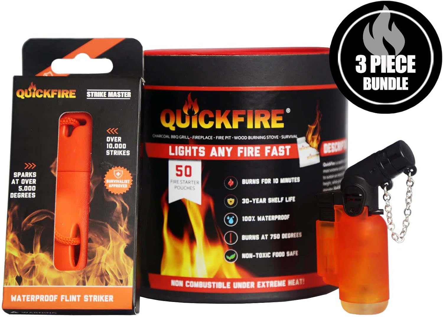 QuickFire (3 Piece Fire Bundle) Includes (x1) Angled Torch Lighter with Butane, (x1