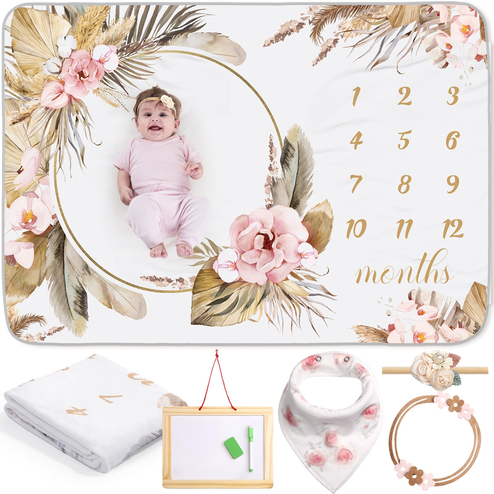 Photo 1 of Chumia 6 Pcs Baby Monthly Milestone Blanket for Girl 60" x 40" Butterfly Milestone Blanket Age Photo Photography Backdrop with Newborn Calendar Growth Chart Bib Headband(Beigh,Boho Pattern)