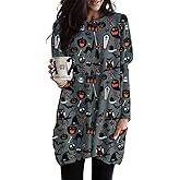 BOUTIKOME Womens Halloween Pumpkin Sweatshirt Black Cat Long Sleeve Crewneck Pullover Shirts with Pocket Tunic Tops