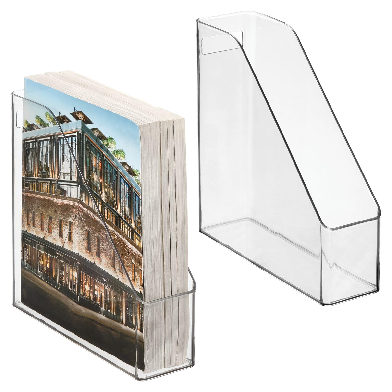 Photo 1 of mDesign Plastic Slim Vertical File Folder Storage Organizer Bin with Handle - Hold Notebooks, Binders, Envelopes, Magazines for Home Office, Work Desktops, Ligne Collection, 2 Pack, Clear