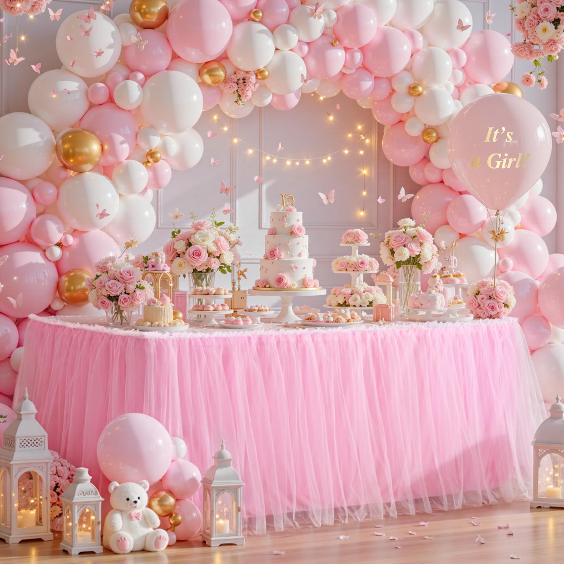 Photo 1 of 14FT Length Pink Tulle Table Skirt for Rectangle Tables 2-Layer Ruffle Tulle Tutu Cloth Desk Table Skirt for Baby Shower Princess Birthday Party Cake Dessert Gender Reveal Decorations