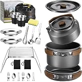 Leonyo 18PCS Camping Cookware Set, Camping Cooking Pot Pan Mess Kit | Camp Cooking Essentials Equipment Accessories with Aluminum Kettle, Grill Grate, Outdoor Open Fire Camping Gear Backpacking