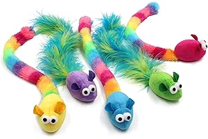 Jumpaws 5 Pack Interactive Catnip and Feather Cat Toys, Multi-Colored Mice with Long Feather Tail, Accessories for Indoor Cat, Catnip Plush Toys with Natural Feathers and Rattles