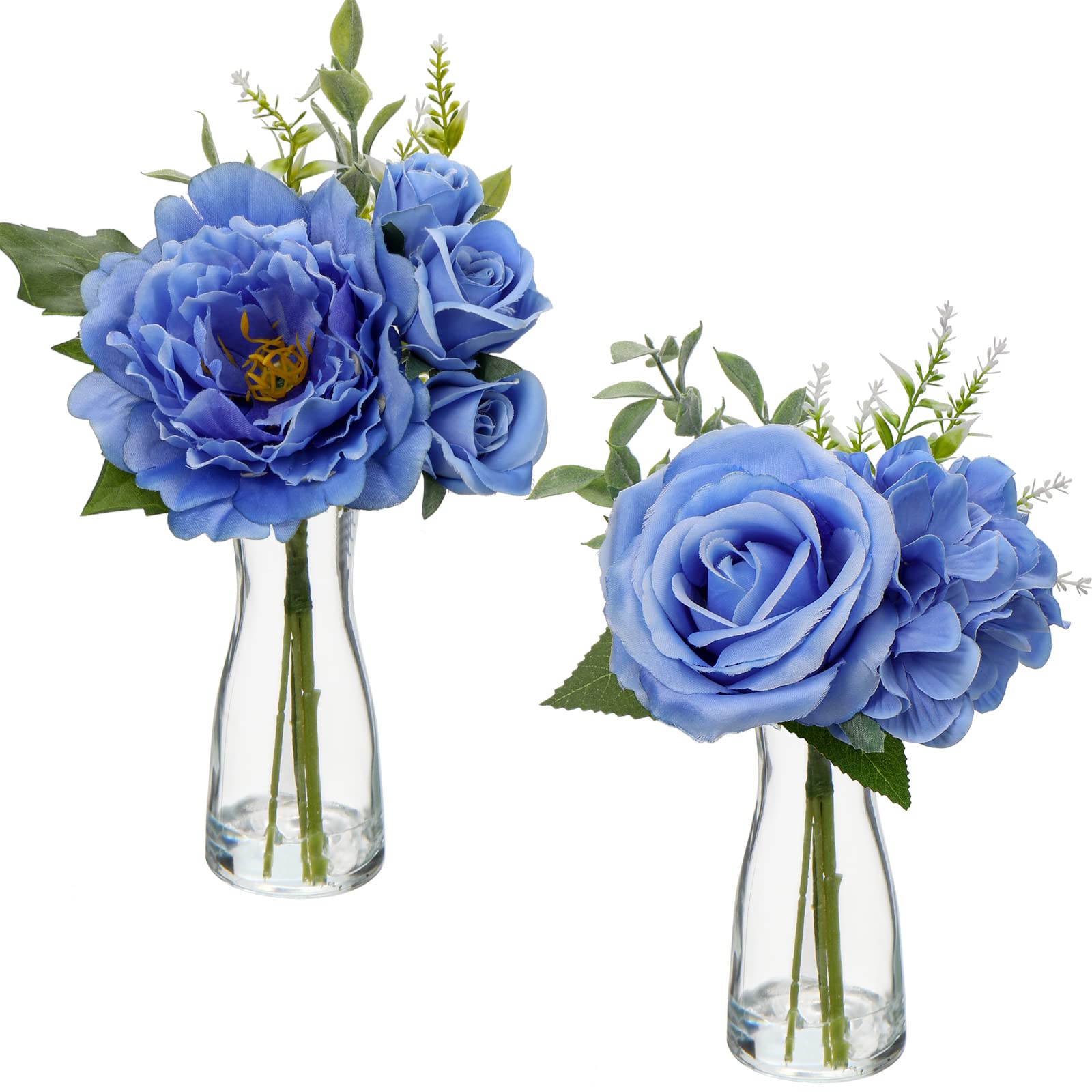 Hollyone 2pcs Artificial Flowers with Glass Vase, Realistic Roses Peonies Hydrangeas Mixed, Blue Fake Flowers in Vase with Faux Water for Wedding Centerpiece Home Decor Office Party Desk Decorations