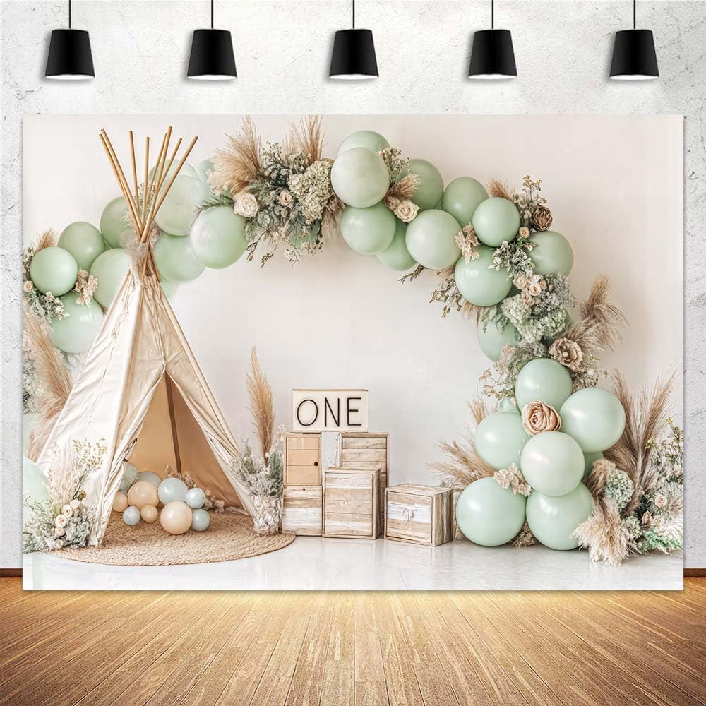 Photo 1 of 10 x 8 ft 1st Birthday Backdrop Bohemian Style Balloon Reed Tent Kids Boy Girl 1st Birthday Party Decor Baby Shower Holiday Party Grass Party Cake Smash Studio Photography Props