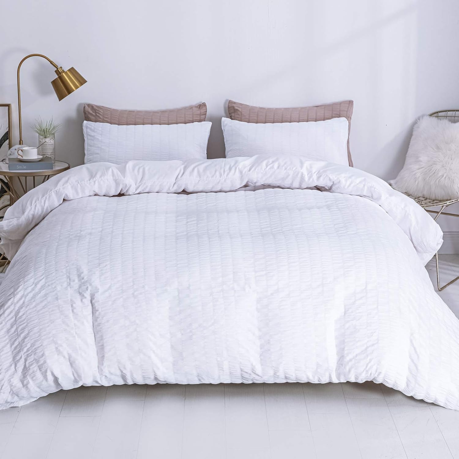 Seersucker Duvet Cover, 100% Washed Microfiber 3 Piece Duvet Cover Set King, Textured Bedding Comforter Cover Sets with Zipper Closure(White King)
