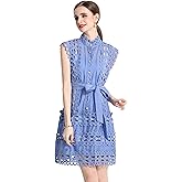 LAI MENG FIVE CATS Womens Summer Sleeveless Hollow Out Button Casual Loose Mini Party Dresses with Belt