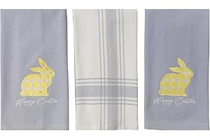 Easter Bathroom Kitchen Hand Towels, Light Purple Lilac with Yellow Gold Embroidered Happy Easter Gingham Bunny Design, 100% 