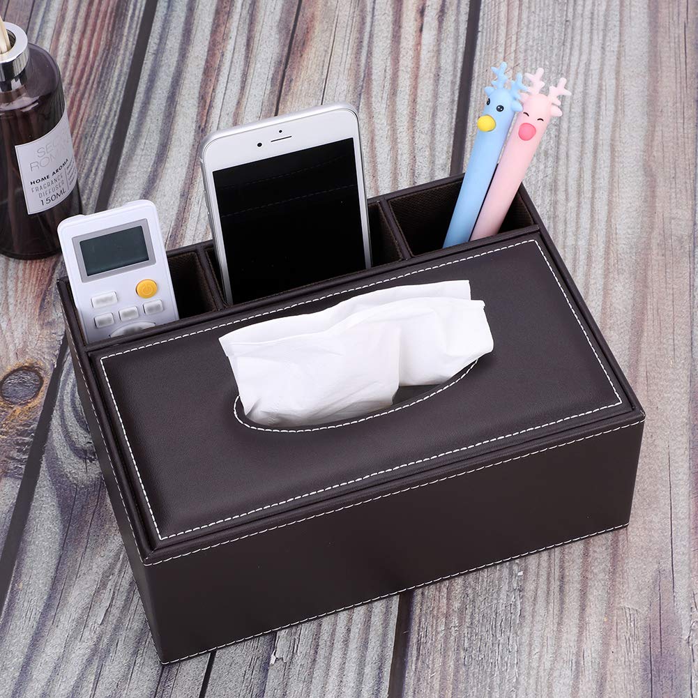 Multifunctional PU Leather Tissue Box Holder Rectangular Desktop Remote Control Storage Organizer Box Tissue Paper Holder Desk Storage Organizer With 3 Compartments Holder for Pen Remote Control Phone