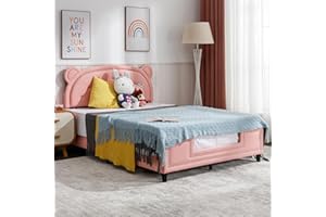 PUREMIND Twin Bed Frames for Kids, Girls Pink Children Platform Bed, Kid Bed Frame with Bear Shaped Headboard, Faux Leather Upholstered, Rivet Decoration, Wood Slats, No Box Spring Needed-Bear Twin