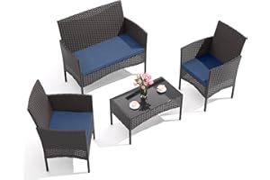 Gotland 4-Piece Outdoor Patio Furniture Set, Wicker Rattan Chairs & Sofa with Cushions and Glass Coffee Table, Conversation Set for Backyard, Lawn, Porch, Pool, Garden (Navy-2)