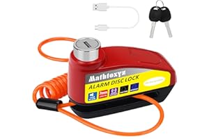 MATHTOXYZ Motorcycle Lock Rechargeable, 120dB Alarm Disc Brake Locks Anti-Theft Security Wheel Disc Lock Waterproof with 5ft Reminder Cable and Carry Pouch for Motorbike Bike Scooter